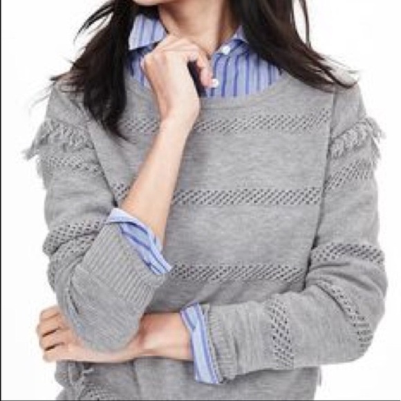 BANANA Republic Gray Merino Wool Blend Sweater with Fringe Detail Size S - Picture 1 of 6